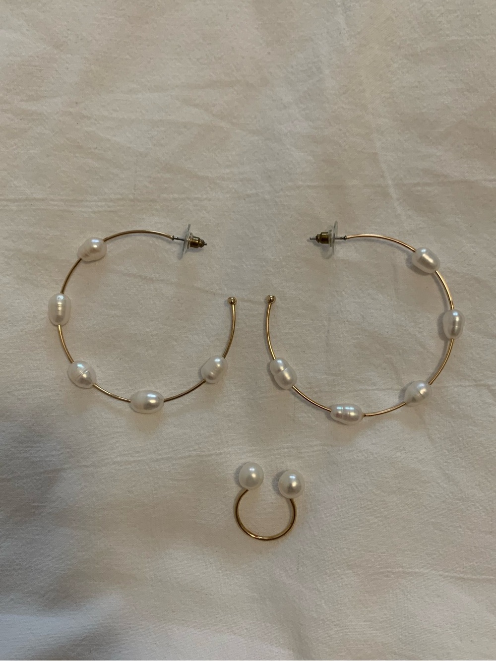 Gold tone Hoop Earrings and ring Set with White freshwater Pearls